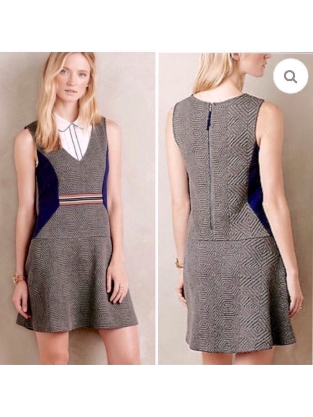 Anthropologie Maeve Ludlow Grey Blue Fit and Flare Quilted Dress Size Medium